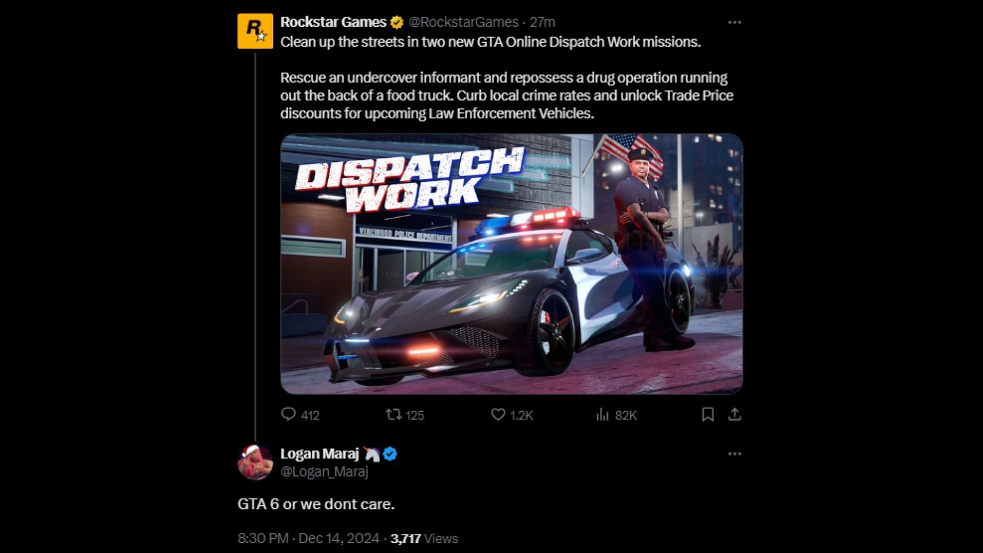Fans react to Rockstar's GTA Online Dispatch Work tweet 1/3 (Image via Rockstar Games || X)
